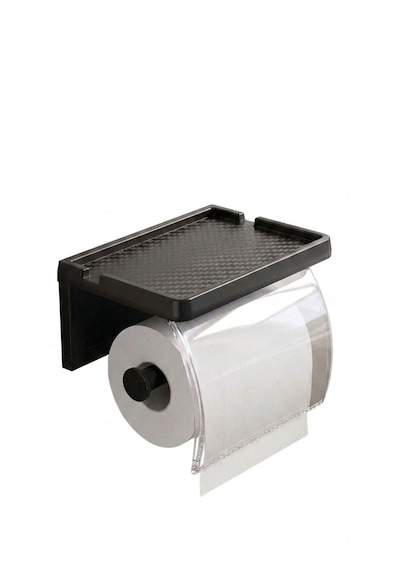 Raflı Tuvalet Kağıdı Askısı Yapışkanlı Kapaklı Banyo Organizer Siyah Siyah - Şeffaf