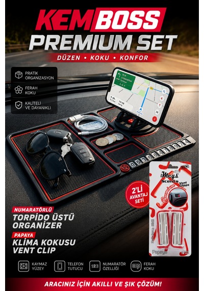 Kemboss Premium Araç Organizer Ve Papaya Klima Kokusu Seti Numaratörlü Torpido Organizer Kırmızı