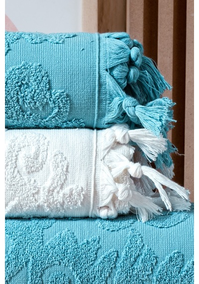 Kumsal 4'lü Hamam Seti %100 Pamuk 2 Adet 70x140 Beden, 2 Adet 50x90 El, Yüz, Saç Havlu , 1250gr Krem - Mavi