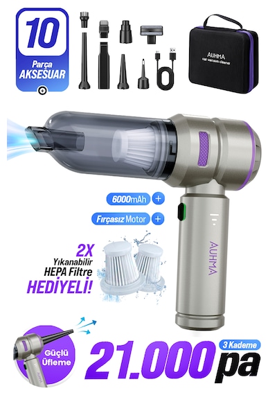 Auhma Ahv-02 21.000PA Kablosuz Taşınabilir Araç İçi Süpürgesi Mor
