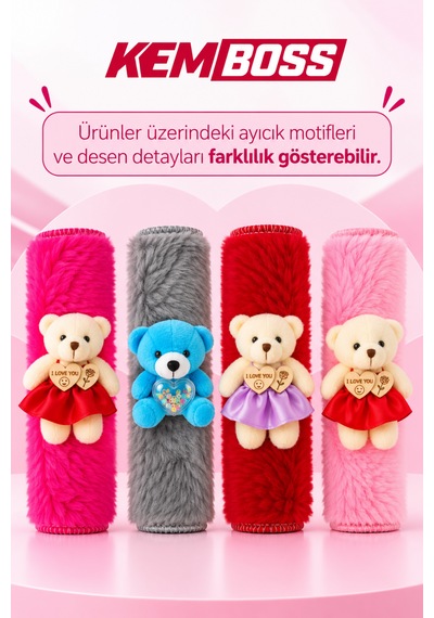 Kemboss Pembe Peluş Ayıcıklı 2'li Emniyet Kemeri Pedi Ve 2'li Araç Boyun Yastığı Kadınlara Özel Oto Seti 2'li Set