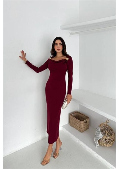 Neşeli Butik Kadın Drapeli Kayık Yaka Gold Aksesuarlı Elbise Nbk4386 Bordo