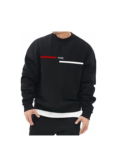 Unisex Oversize Paris Çizgi Baskı Bisiklet Yaka Siyah Sweatshirt Siyah