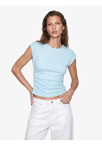 Koton Pamuklu Slim Fit Drape Detaylı Bisiklet Yaka Kısa Kollu Tişört Mavi 6sak50515ek