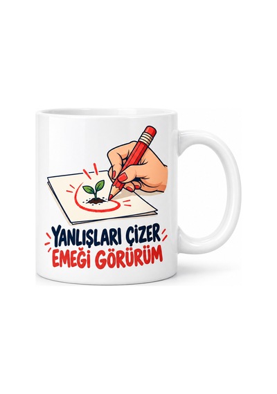 Ren.ga.renk Kırmızı Kalem Tasarımlı Porselen Kupa - Model 831 Rengaren