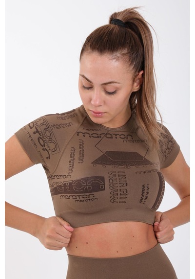 Maraton Active Slimfit Kadın Bisiklet Yaka Kısa Kol Koşu Kakao Crop Top 811037 Kahverengi