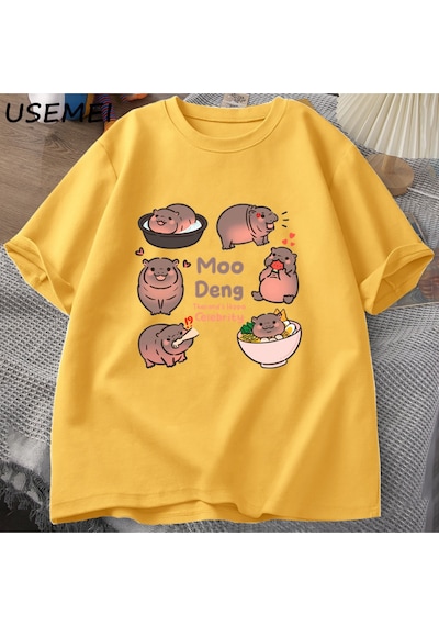 Flood Of Style Tayland Yılında Moo Deng Bouncy Domuz Bebek Hippo Khao Kheow Açık Hayvanat Bahçesi T-shirt Ko Sarı