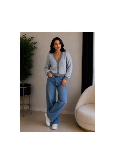 Hira Life Fashion Kadın V Yaka Düğmeli Şeritli Kısa Crop Ceket-hırka Gri Gri