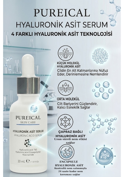 Pureical %2 Hyaluronik Asit Serum, Yoğun Nem, Cilt Dolgunlaştırıcı Ve Canlı Cilt Bakım 30 Ml