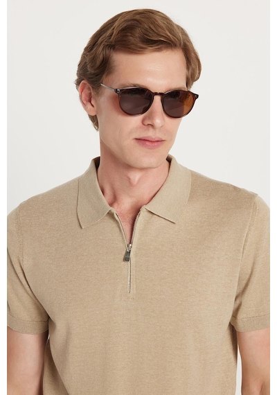 Tudors Erkek Slim Fit Dar Kesim Pamuklu Örme Triko Fermuarlı Vizon Polo Yaka Tişört-35602 Vizon