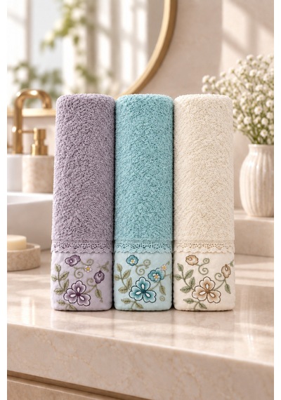 Bahar Dalı Çiçek Nakışlı El Yüz Havlusu 50x90 Cm 3 Lü Set %100 Pamuk - Aqua Lilac Çok Renkli