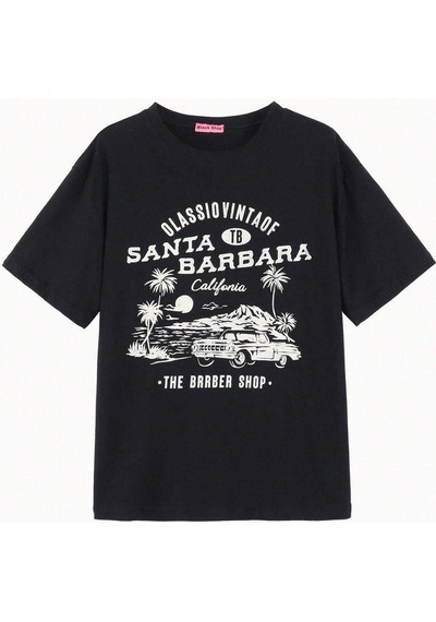 Santa Barbara T-shirt - Siyah Baskılı Oversize Bisiklet Yaka Kısa Kol SIYAH