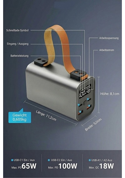 50.000mah Powerbank Pd100w Hızlı Şarj El Fenerli Gri - 928393148 Gri