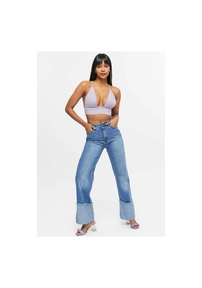 Kene Jeans Yüksek Bel Mavi İşlemli Ters Paça Püskül Detaylı Kot Jeans Mavi İşlemli
