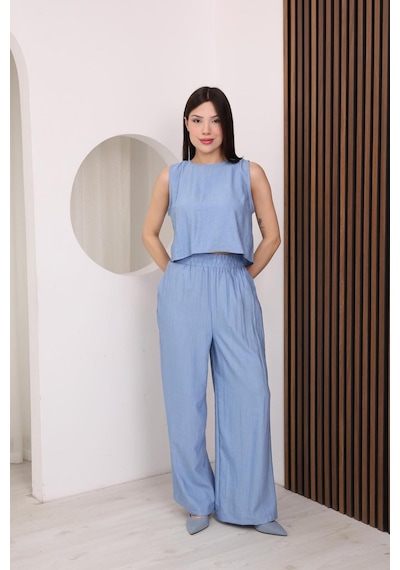 Famoda Mavi Sırtı Çapraz Bağcıklı Crop Bluz & Yüksek Bel Palazzo Pantolon Alt Üst Takım