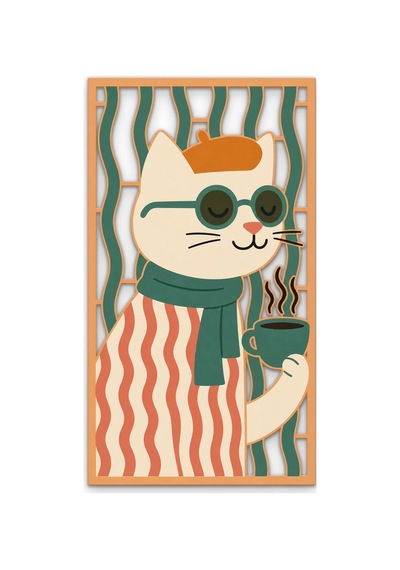 Gözlüklü Kahveci Kedi - Metal Tablo - Dec0329 36 X 65 Cm Çok Renkli