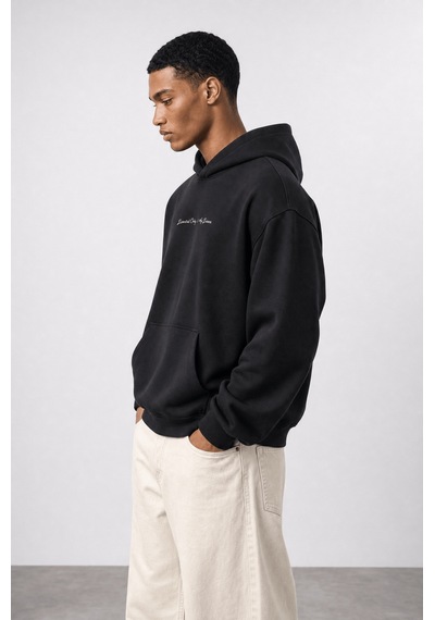 Respire Erkek Essentials Nakışlı Oversize Hoodie Siyah