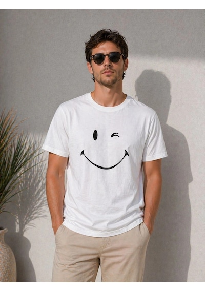 Barlashive Erkek Minimal Gülümseyen Yüz Baskılı Tişört Kısa Kol Yazlık T-shirt - Beyaz Çok Renkli