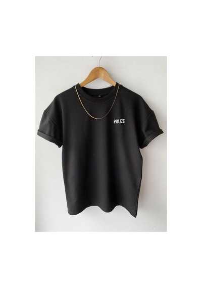 Flood Of Style Erkek Siyah Polizei Baskılı Bisiklet Yaka Oversize Tshirt