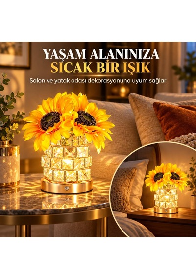 Valkyrie Kristal Cam Ayçiçekli Şarjlı Dekoratif Masa Lambası 4000 Mah Dokunmatik 3 Işık Modlu Sarı