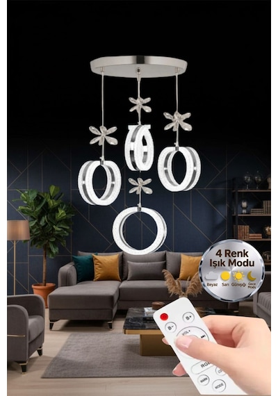 LumiaLighting Aurea Model 4'lü Gold Kumandalı 3 Renk Modu Ledli Kristal Taşlı Modern Salon Mutfak Oturma Odası Led Avize Gümüş