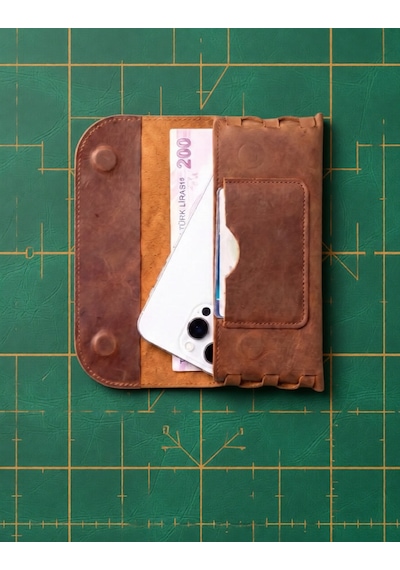 Vintage Leather Craft Hakiki Deri El Portfoyü Telefon Bölmeli Açık Kahverengi - Taba