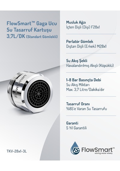 Flowsmart Su Tasarruflu Aeratör 3,7 L/dk %85 E Varan Su Tasarrufu Øf28 Duş Batarya Uyumlu