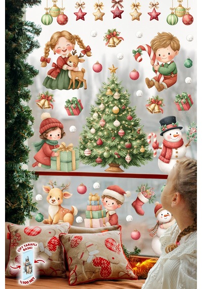 Yılbaşı Temalı Çocuk Odası Cam Sticker Seti Çam Ağacı, Kardan Adam, Hediye Noel Figürleri 44 Parça Dijital Baskı