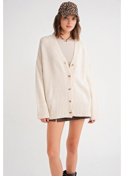 Hiccup Mixray Düğmeli V Yakalı Ribana Örgü Hırka Fildişi