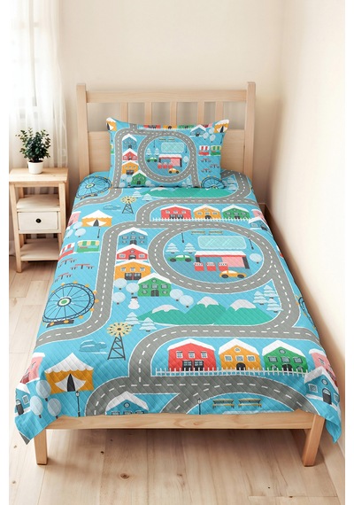 Evimde Bambaşka Şehir Yolu Mavi Erkek Çocuk Odası Tek Kişilik Pike Takımı - Renkli Yollar 160x220 CM Yatak Örtüsü Evimde Bambaşka Şehir Yolu Mavi Erkek Çocuk Odası Tek Kişilik Pike Takımı - Renkli Yollar 160x220 CM Yatak Örtüsü