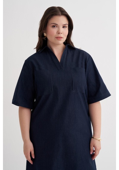 Myline Kısa Kollu Cepli Denim Elbise-6244 Mavi