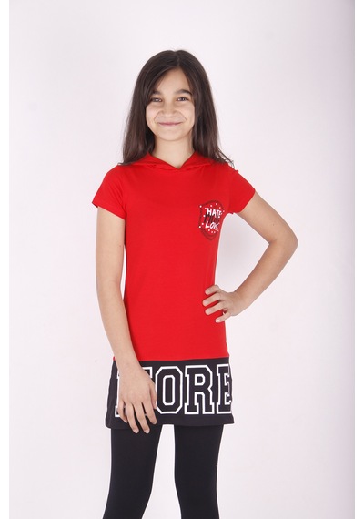 Toontoy Kids Toontoy Kız Çocuk Kapüşonlu Baskılı Tişört Kırmızı