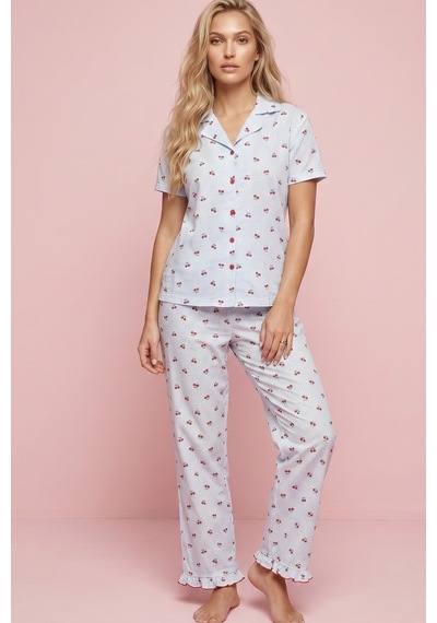 Siyah İnci İnce Soft Örme Mevsimlik Düğmeli Pijama Takımı 8043 mavi