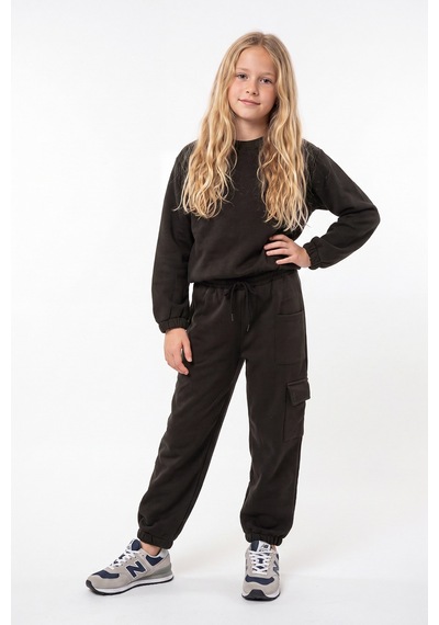 Fyk Kids 3 İplik Kız Çocuk Düz Kısa Bel Sweatshirt Bisiklet Yaka Eşofman Takımı Kahverengi
