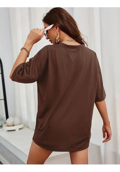 Kadın Kahverengi Tasmania Baskılı Oversize T-shirt Kahverengi