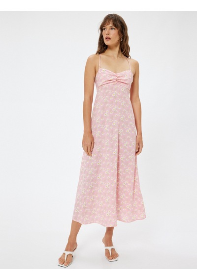 Koton Keten Karışımlı Midi Boy Çiçekli Askılı Elbise Slim Fit Drape Detaylı Pembe Desenli 4sak80474pw Pembe