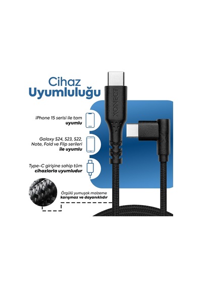 Type-c To Type-c İle Uyumlu İphone Ve Samsung İle Uyumlu Hızlı Şarj Ve Data Kablosu 200 Cm L Tipi Gaming Siyah