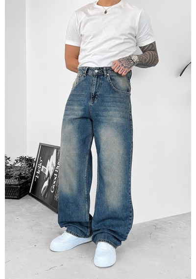 Eskitme Mavi Soft Degrade Basic Ekstra Bol Pantolon Eskitme Mavi