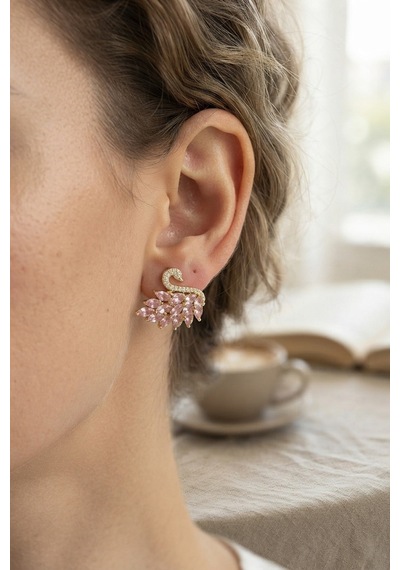 Pembe Zirkon Taşlı Gold Swan Kuğu Model Kadın Küpe - Lisinya