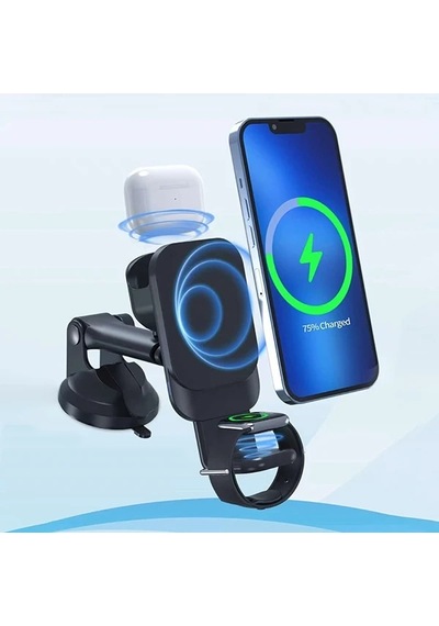 Ally Wireless Şarjlı 3in1 Torpido Üstü Ve Havalandırma Telefon Kulaklık Saat Tutucu- 5775 Siyah
