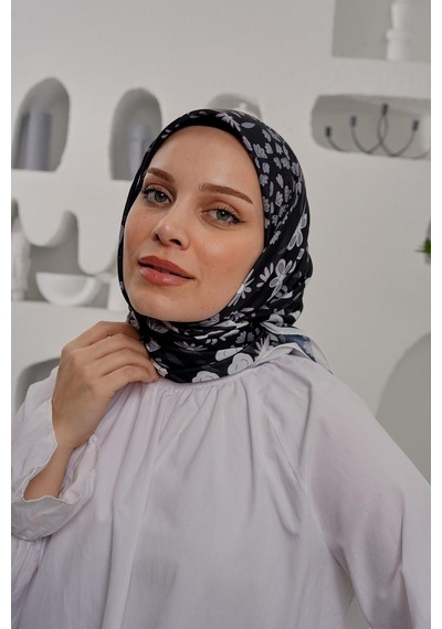 Afvente Çiçek Desen Siyah Soft -  Pamuk Eşarp