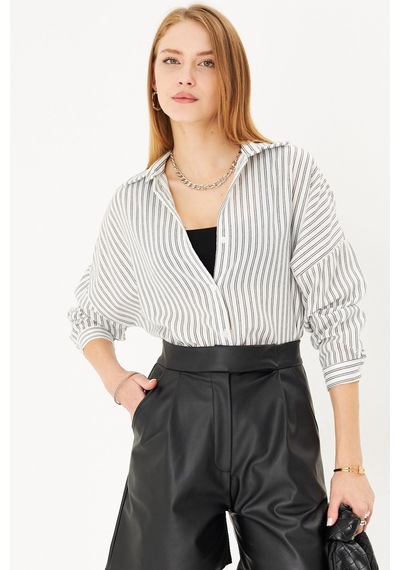 Armonika Kadın Beyaz-siyah İnce Çizgili Oversize Uzun Basic Gömlek Arm-22y001185