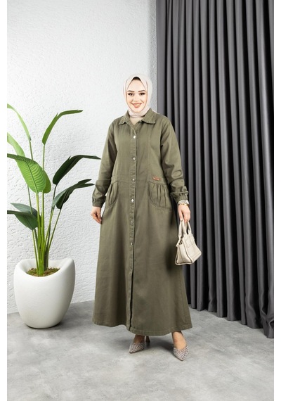 Harman Butik Kadın Düğmeli Torba Cepli Gabardin Kap Haki Haki