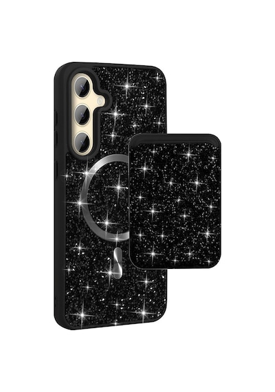 Teleplus Samsung Uyumlu Galaxy S26 Plus Kılıf Taşlı Mozaik Manyetik Şarj Kapak + Taşlı Kartlık Siyah