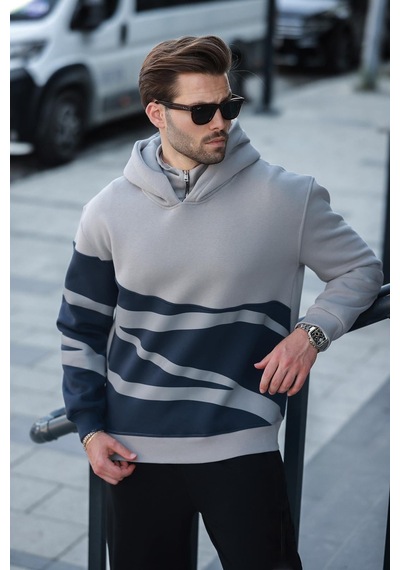 Madmext Boyalı Gri Kapüşonlu Fermuar Yaka Desenli Erkek Sweatshirt E7162 Gri