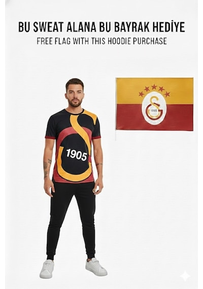 Gsstore Galatasaray Lisanslı Büyük Logolu T-shirt Bayrak Hediyeli Siyah
