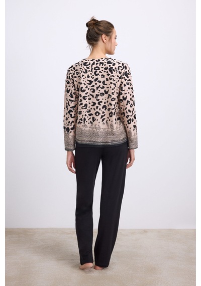Man11540-1002 Anil Ev Giyim Anıl Kadın Uzun Kollu Dantelli Yaka Leopar Desenli T-shirt Ve Pantolon Pijama Takımı 11540 Siyah