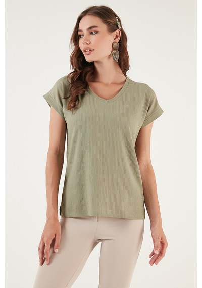 Lela Rahat Kesim Esnek V Yaka Bayan Bluz 5865039 Olive