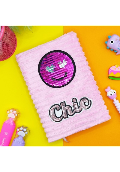 Peluş Pullu Not Defteri 20x13 Cm , 60 Yaprak, Kalpli Gülenyüz - Pudra