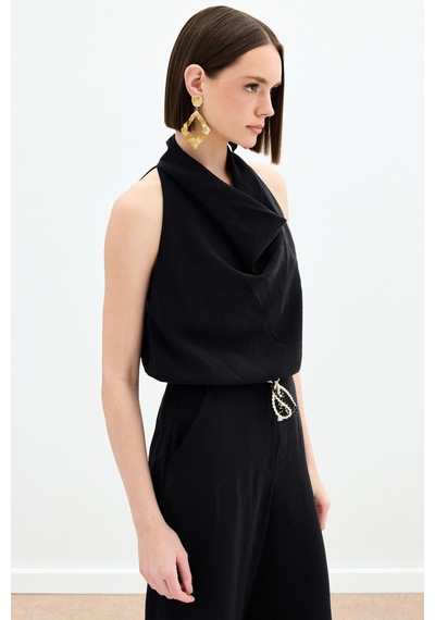 Sateen Degaje Yaka Bluz - Siyah-136153 Siyah